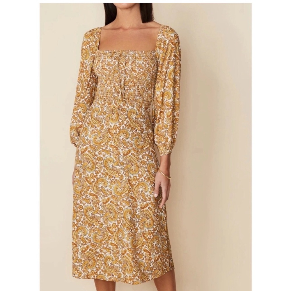 Faithful the brand medium la romaine midi yellow gold paisley long sleeve dress